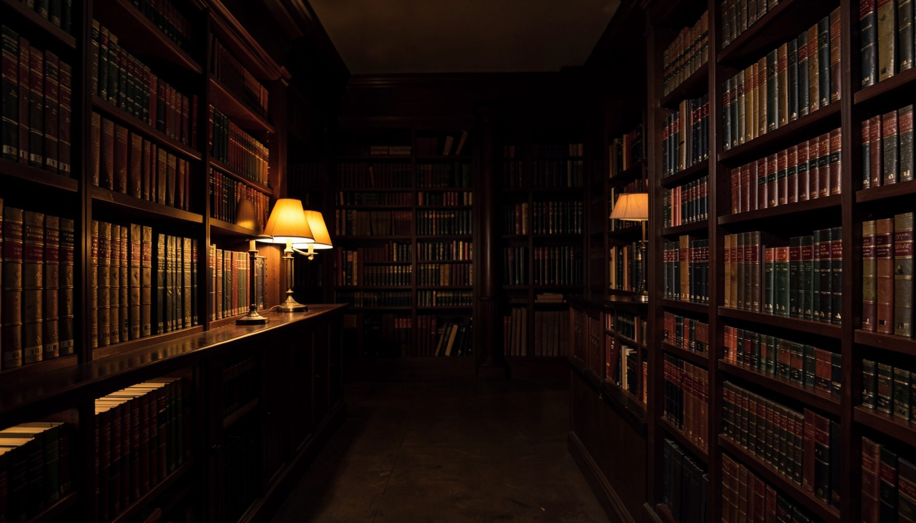 Dark atmospheric library interior with warm amber reading lamps and rows of leather-bound books, deep browns and muted golds