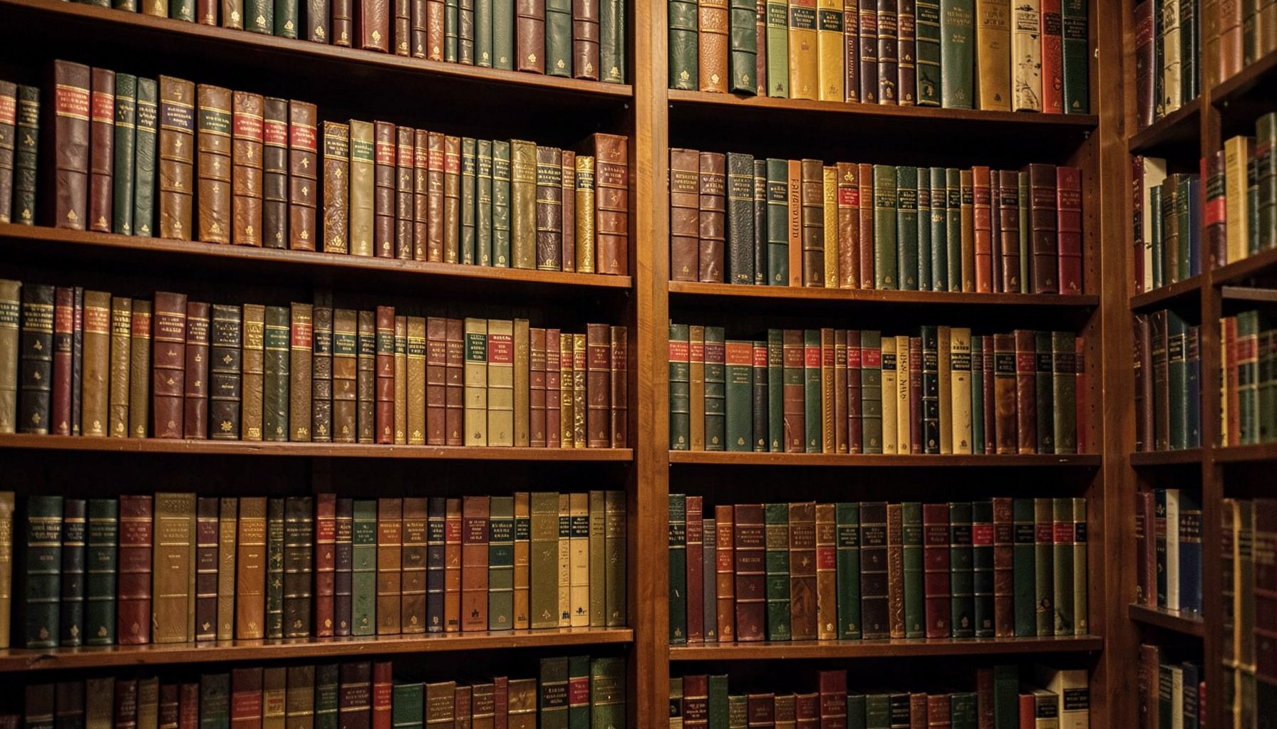 Warmly lit library shelves with rows of leather-bound books in deep browns, golds, and muted greens
