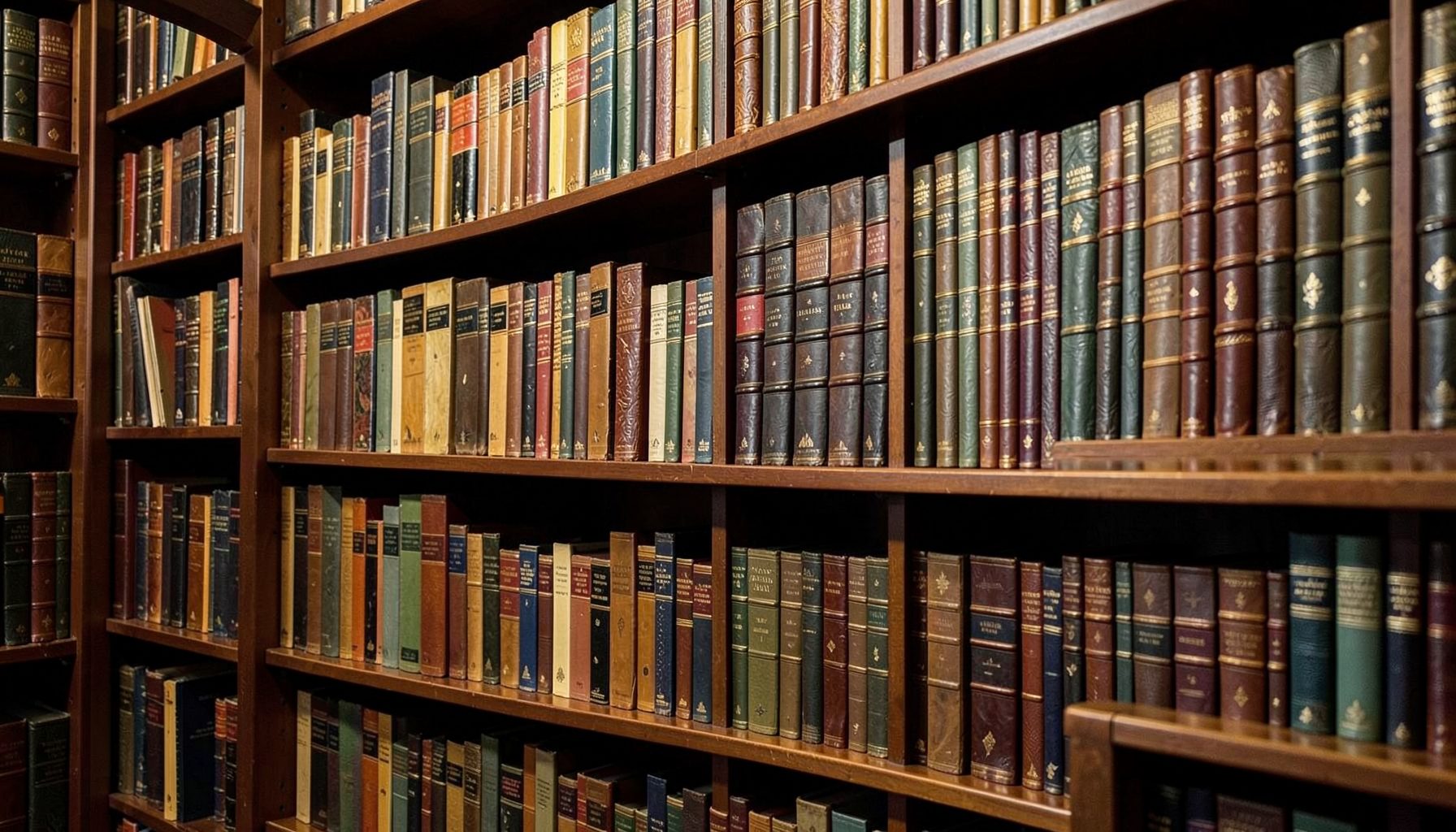 Warmly lit library shelves with rows of leather-bound books in deep browns, golds, and muted greens