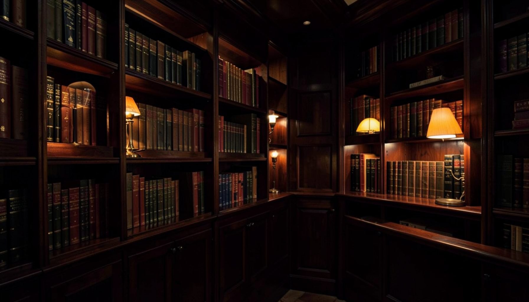 Dark atmospheric library interior with warm amber reading lamps reflecting off polished wood shelves, deep browns and muted golds