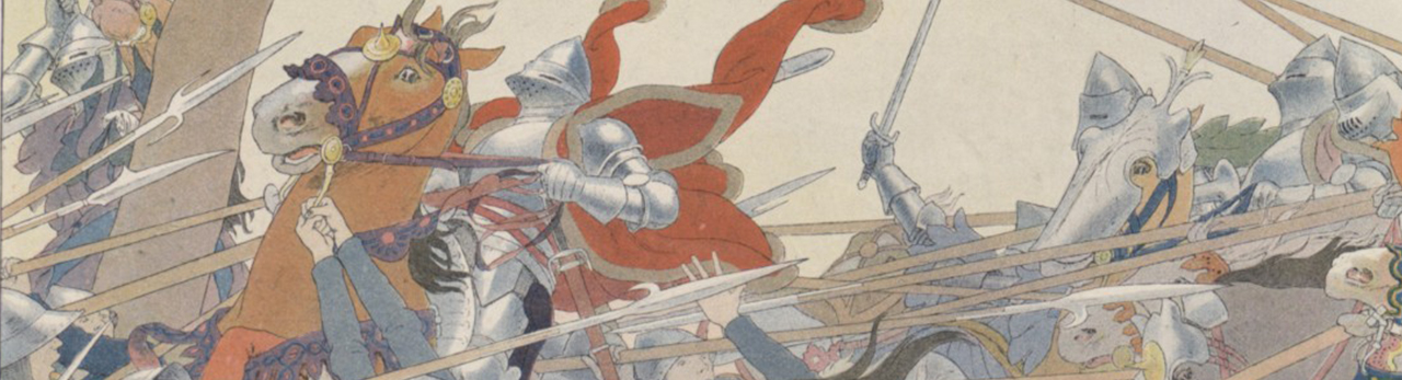 Vintage illustration of armored knights in a chaotic battle scene with lances and horses, muted beige and red tones