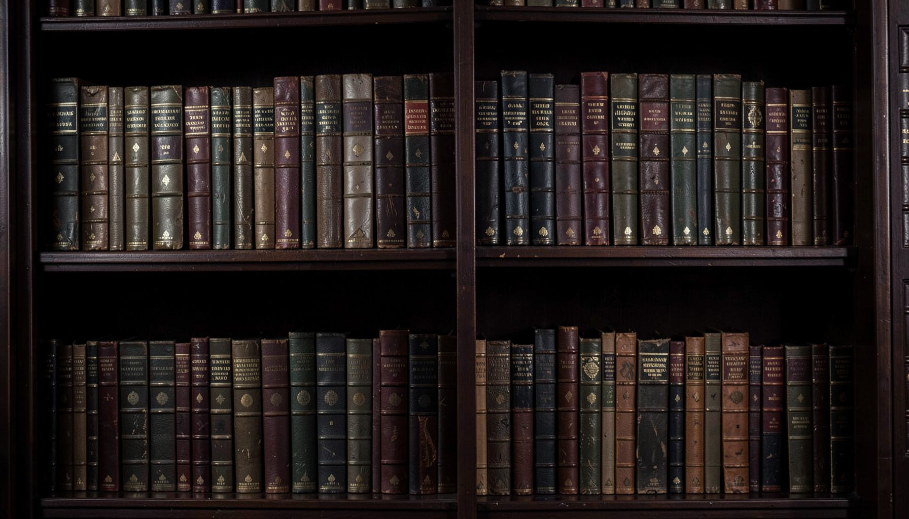 Dark vintage library shelves with leather-bound books in deep brown and muted gold tones, softly lit